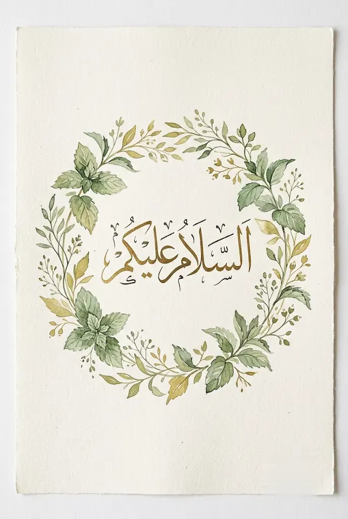 Planche illustrée — calligraphie arabe « As-salamu alaykum » et feuillages