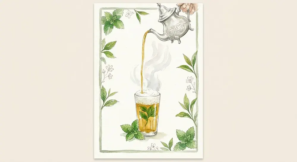 Planche illustrée — aquarelle d'un thé à la menthe traditionnel