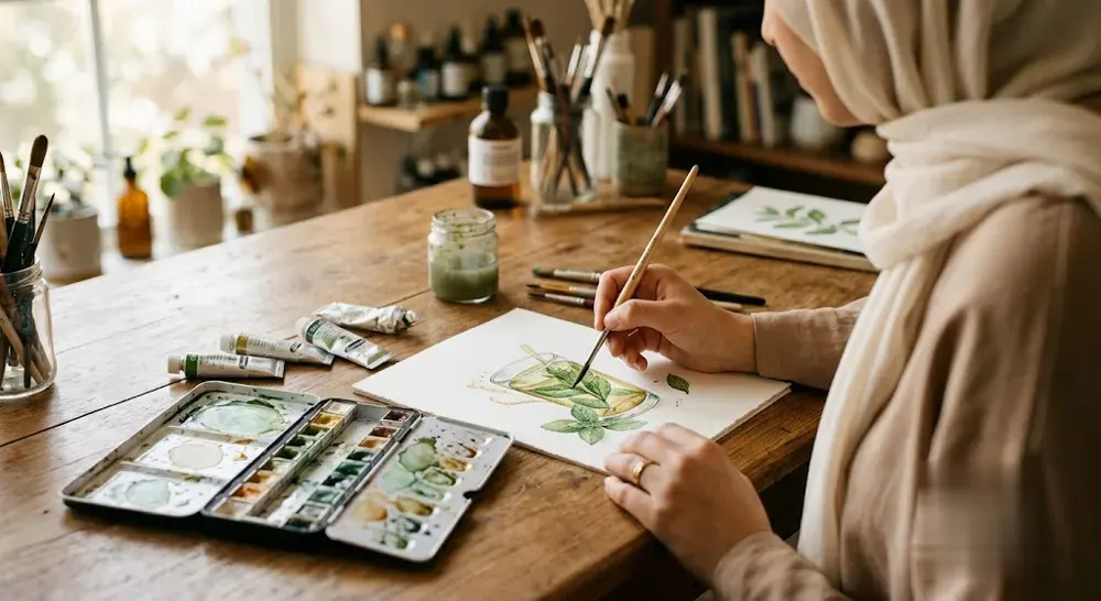 Mains de Hanane Chihi peignant à l'aquarelle dans son atelier