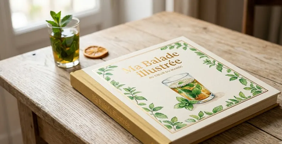 Le livre Ma Balade illustrée posé sur une table en bois, à côté d'un thé à la menthe